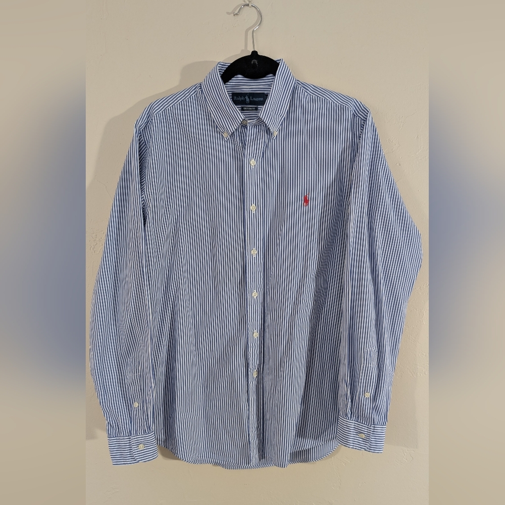Ralph Lauren Men's Large Custom Fit Button Down Collar Blue Stripe Dress Shirt